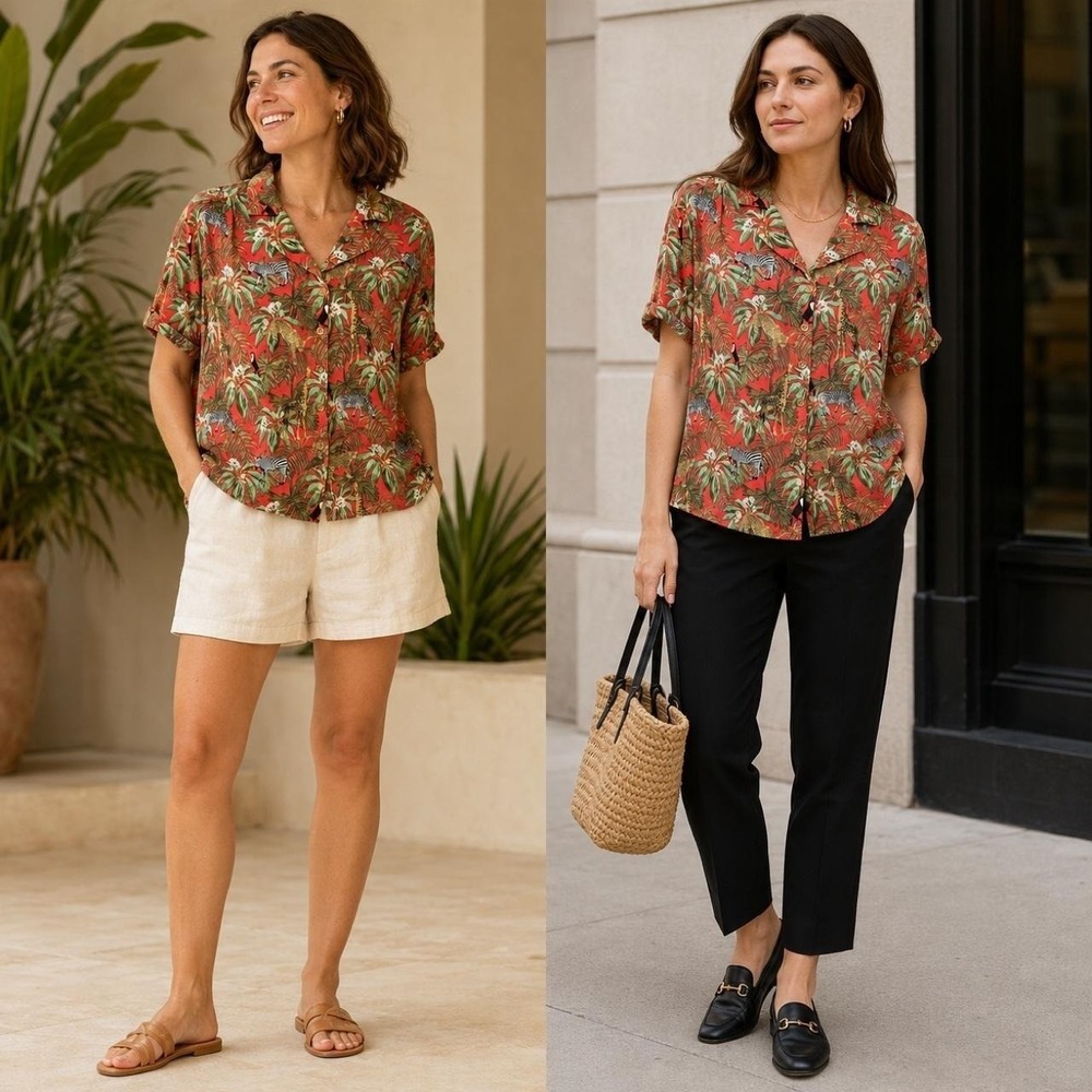 Jane + Delancey Tropical Safari Animal Print Button Top Womens M Resort Vacation